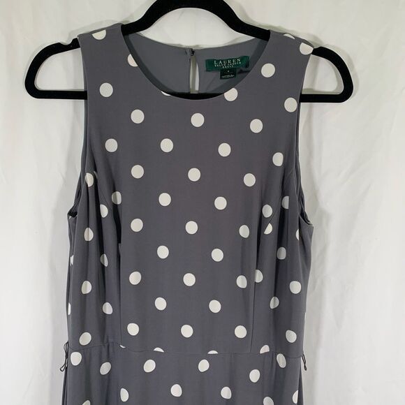 Lauren Ralph Lauren Midi Dress Women's 8 Grey Polka Dot Sleeveless Round Neck - Picture 2 of 9